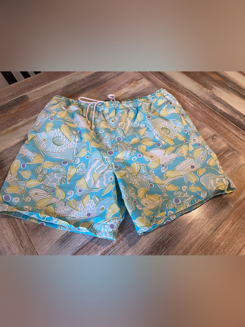 Lilly Pulitzer Mens Swim Trunks Swimsuit Fish Crabs XXL BLUE GREEN Lined Beach